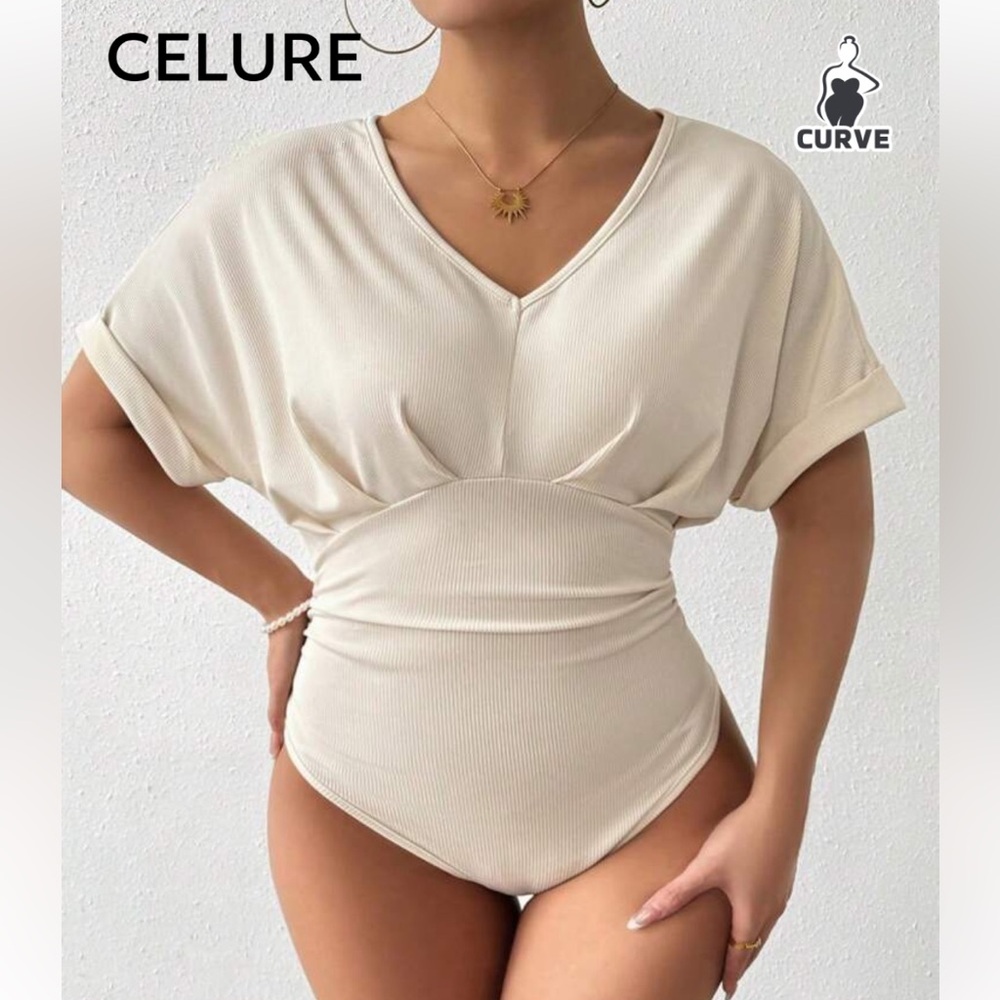 Beige V-Neck Short Sleeve Bodysuit